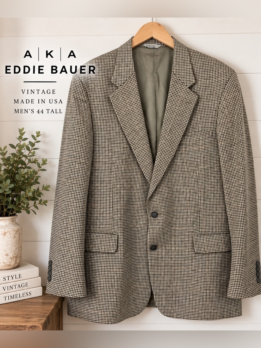 Vintage A/K/A Eddie Bauer Men’s 44 Tall Houndstooth Blazer Made USA